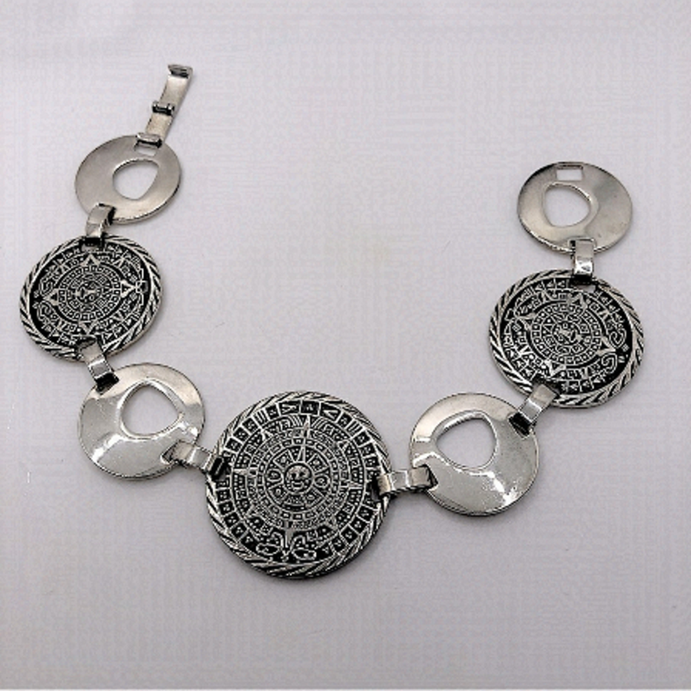 Vtg Silver Plated Mayan Disc Circle Link Bracelet 8.5”